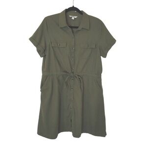 Croft & Barrow Utility Shirt Dress Military Green XL Drawstring Waist Pockets